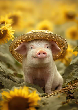 Piglet in Sunflower Field with Hat