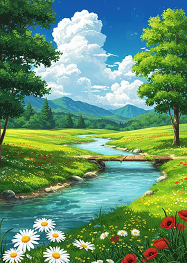 Anime Landscape with River and Flowers