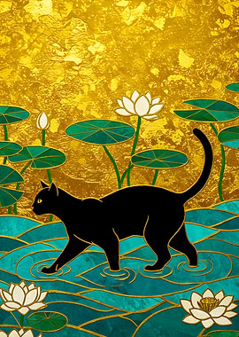 Black Cat in Lotus Pond