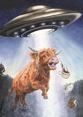Alien Abduction of Highland Cow with Coffee