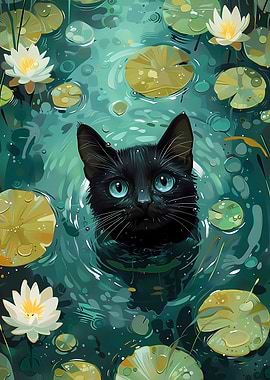 Black Cat in Lily Pond
