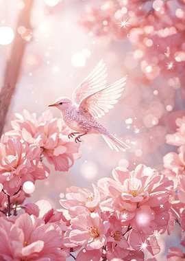 Pink Bird Among Cherry Blossoms