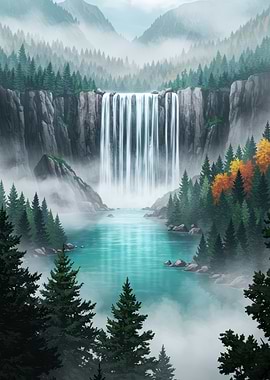 Waterfall in a Misty Forest