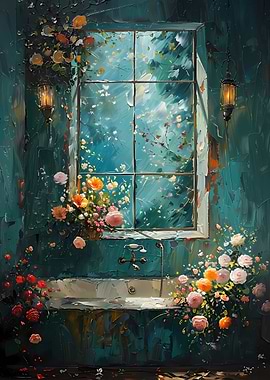 Floral Bathroom Window Painting