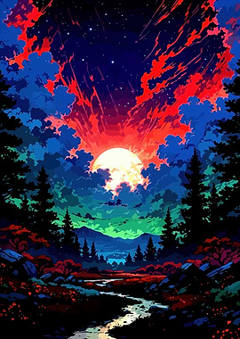 Colorful Landscape with River and Sunset