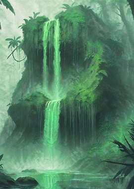 Lush Green Waterfall Painting