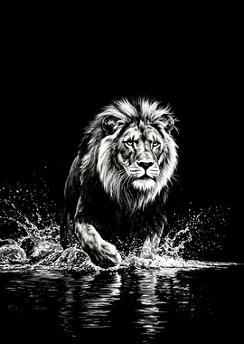 Lion in Water Black and White