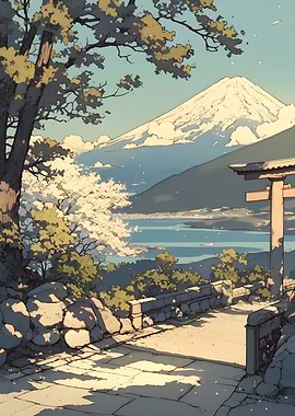 Mount Fuji Landscape with Torii Gate