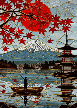 Japanese Landscape Stained Glass Style Art