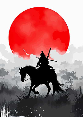 Samurai on Horseback with Red Sun