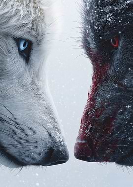 Wolf Snow Confrontation: Duality White vs Black Wildlife Rivalry