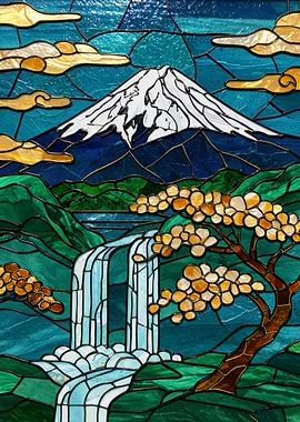 Stained Glass Mount Fuji Landscape
