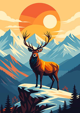 Deer in Mountain Landscape Illustration