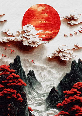 Asian Landscape with Red Sun and Birds