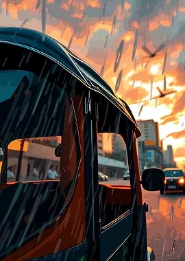 Rainy Cityscape with Auto Rickshaw