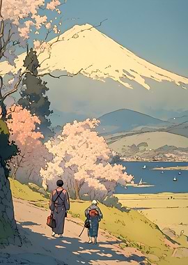 Mount Fuji with travelers and cherry blossoms