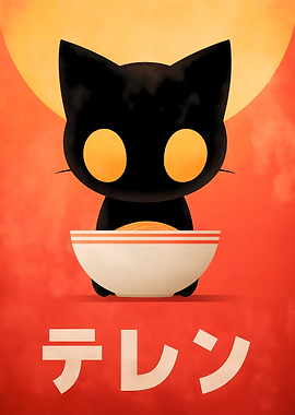 Black Cat with Ramen Bowl Illustration