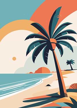 Tropical Beach with Palm Trees Illustration