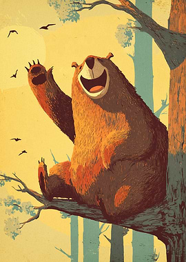 Friendly Bear Waving from a Tree