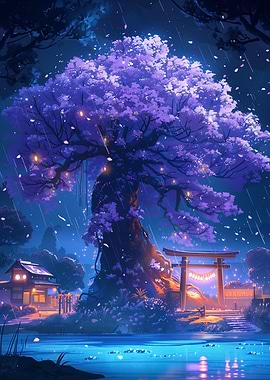 Nighttime Japanese Garden with Cherry Tree