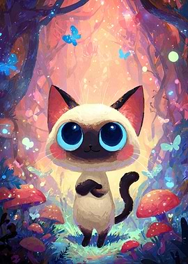 Cute Siamese Cat in Magical Forest