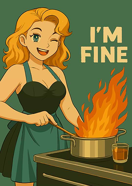 Cartoon Woman Cooking with Flames