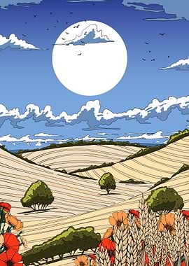 Wheat Field Landscape with Moon