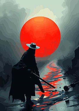 Samurai Silhouette with Red Sun