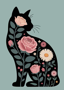 Floral Cat Silhouette Illustration