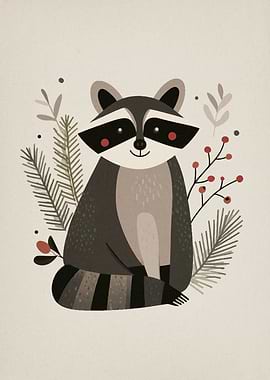 Cute Raccoon with Winter Foliage