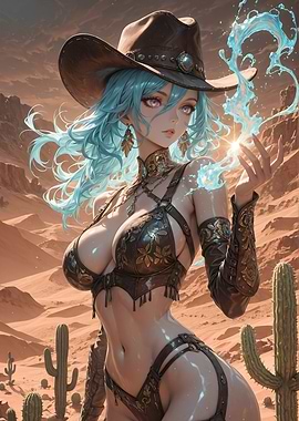 Anime Cowgirl with Magic in Desert