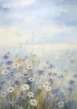 Blue Floral Field Painting