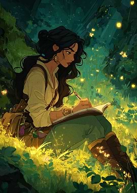 Woman writing in nature, digital art