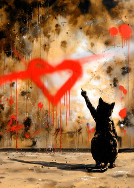 Cat Graffiti with Red Heart