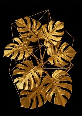 Golden Monstera Leaves with Geometric Frame