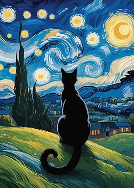 Black Cat Starry Night Painting