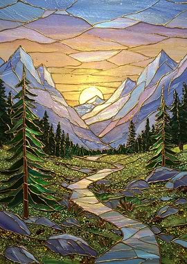 Stained Glass Mountain Landscape at Sunset