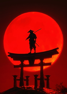 Samurai Silhouette Under Red Moon