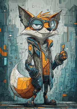 Cyberpunk Fox Character with Thumbs Up