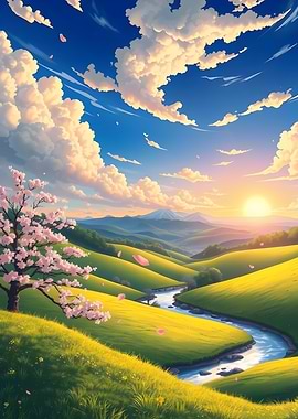 Anime Landscape with Cherry Blossom Tree