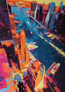 Colorful Cityscape Aerial View Painting