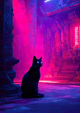 Black cat in neon temple