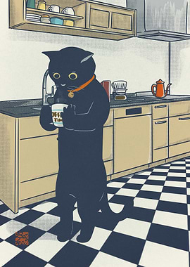 Cat with Coffee in Kitchen