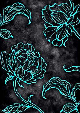 Cyan Floral Line Art on Black