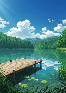 Lake Dock Anime Style Landscape