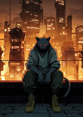 Cyberpunk Cat on Rooftop
