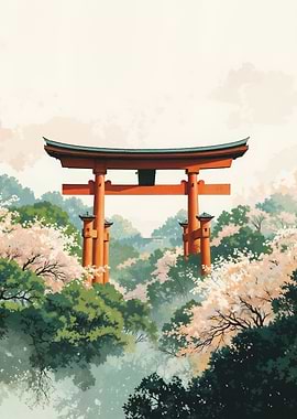 Japanese Torii Gate in Lush Landscape