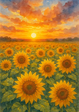 Sunflower field at sunset watercolor painting