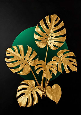 Golden Monstera Plant on Black Background