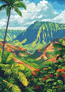 Tropical Mountain Landscape with Palm Trees